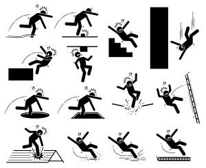 A selection of stick people having various accidents at work.