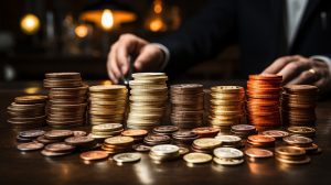 A pile of coins being counted by a man in the background