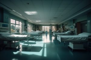 An empty hospital ward with six unused beds in shot.