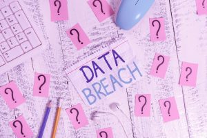 The Words Data Breach On A Note With Question Marks On Surrounding Notes. 