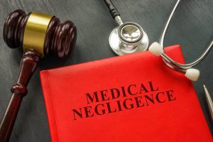 Red Book With The Words Medical Negligence Printed On It. 