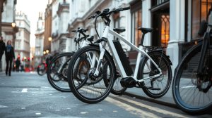 A row of grey bikes alongside each other on the side of a street.