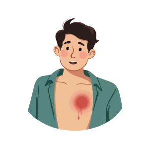 Cartoon man with open shirt with a red mark on his chest showing an injury.