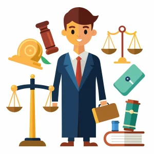 Chest injury solicitor surrounded with scales, law books and gavel.