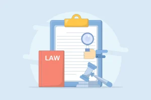 Evidence for a chest injury claim including a clipboard, magnifying glass, gavel and law book.